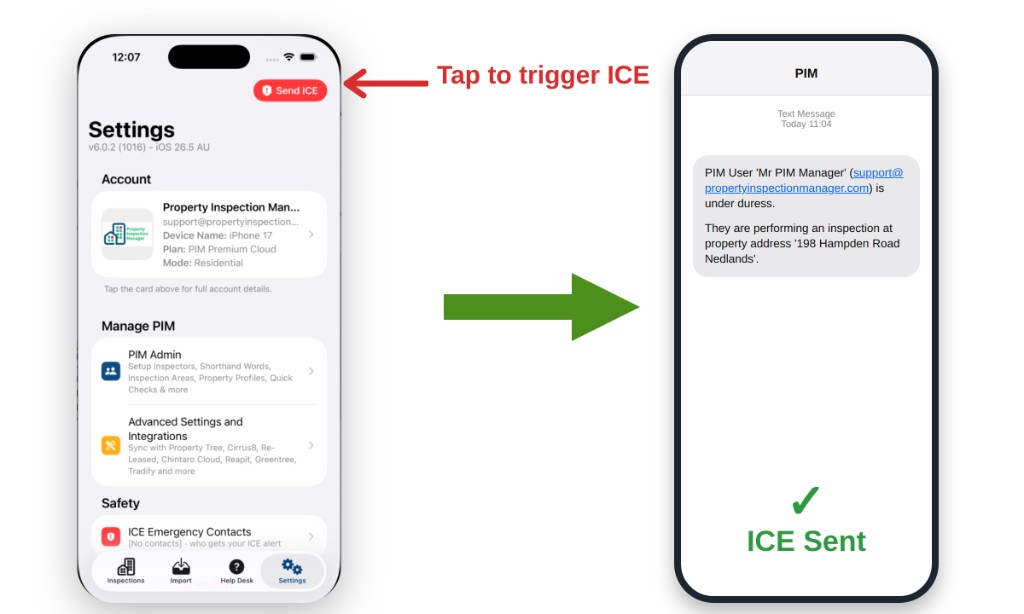 PIM ICE Support — tap Send ICE to alert your emergency contact