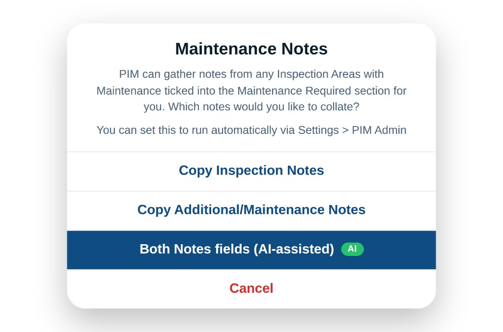 PIM Auto Collate Maintenance Notes — choose which notes to gather