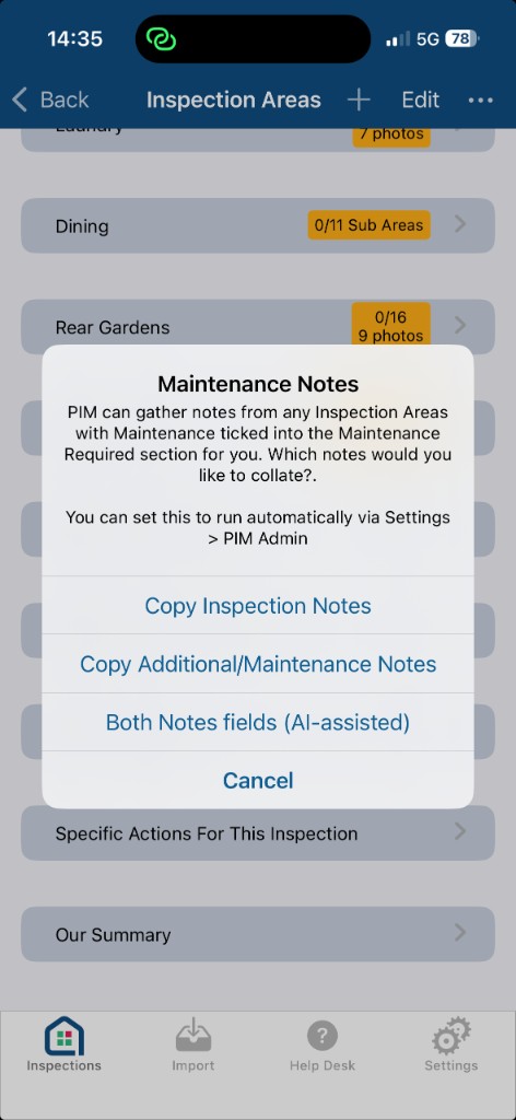 PIM Smarter Maintenance collation prompt mid-inspection